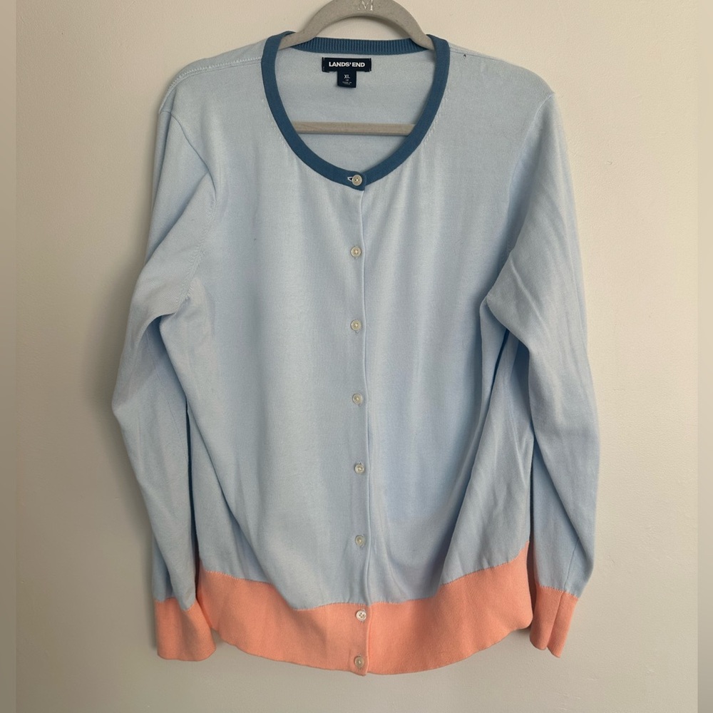Lands End Women's Soft‎ Cardigan Light Blue Peach Long Sleeve Button Up Size XL